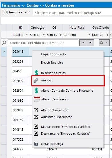 Consulta de Contas a Receber com a nova opção 'Anexos' no menu de contexto.