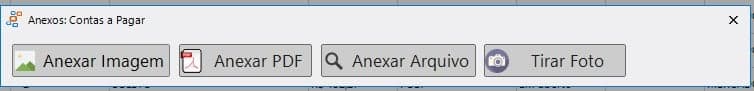 Janela de Anexos do Contas a Pagar com as opções Anexar Imagem, PDF, Arquivo e Tirar Foto.
