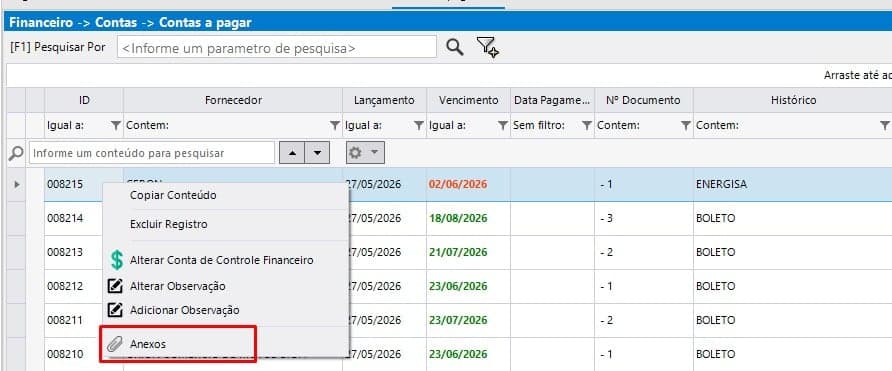 Consulta de Contas a Pagar com a nova opção 'Anexos' no menu de contexto.