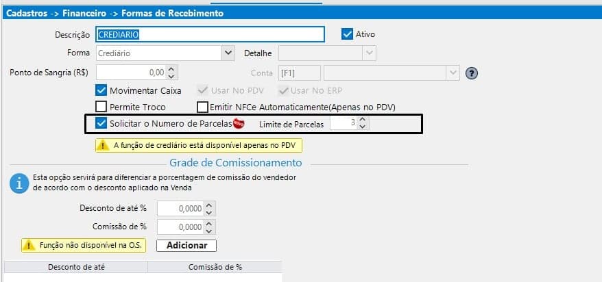 Forma de Recebimento Crediário com a nova opção 'Solicitar o Número de Parcelas' e o Limite de Parcelas para parcelamento no PDV.