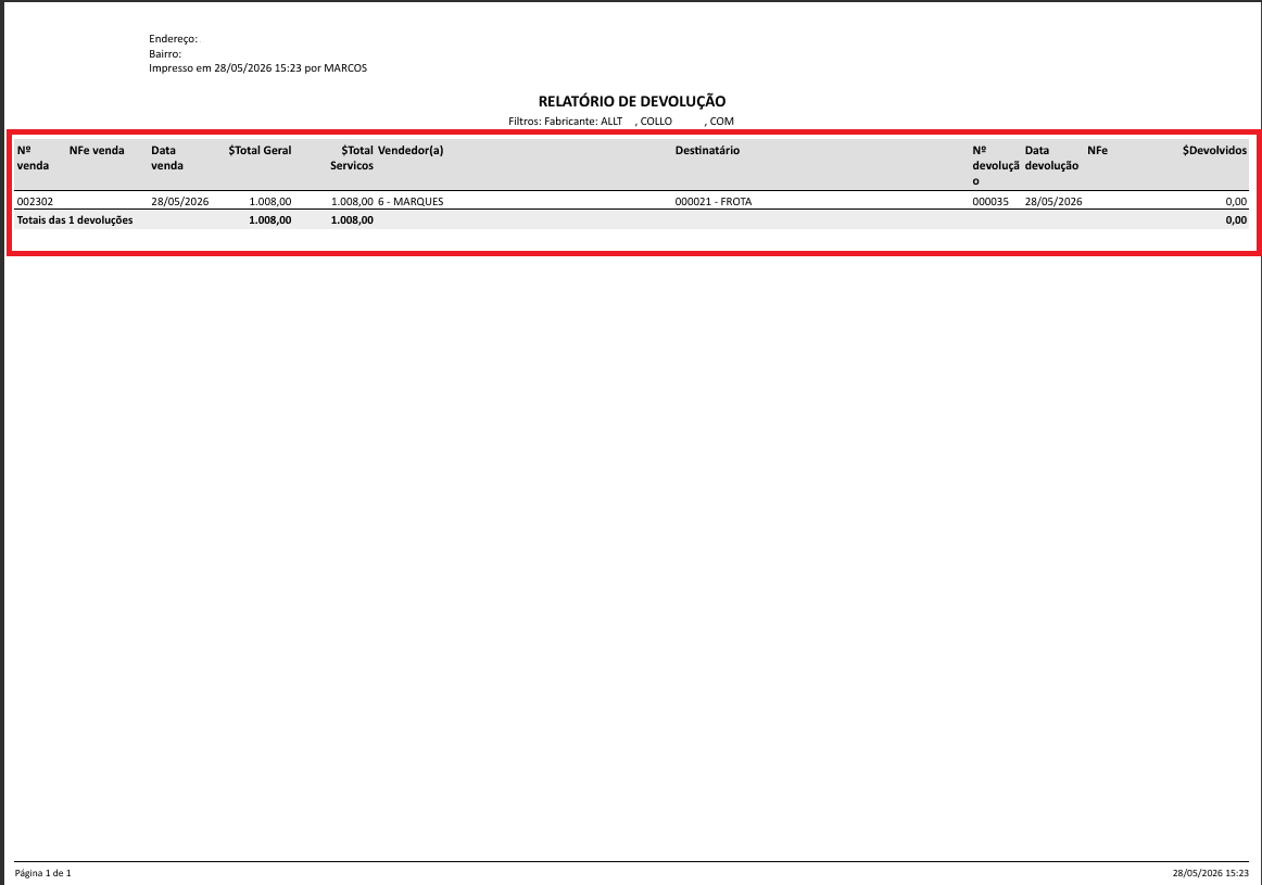 Relatório de Devolução gerado com o filtro por Fabricante aplicado.