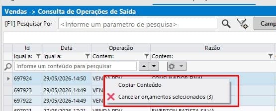 Consulta de Operações de Saída com a nova opção 'Cancelar orçamentos selecionados' para cancelamento em lote.