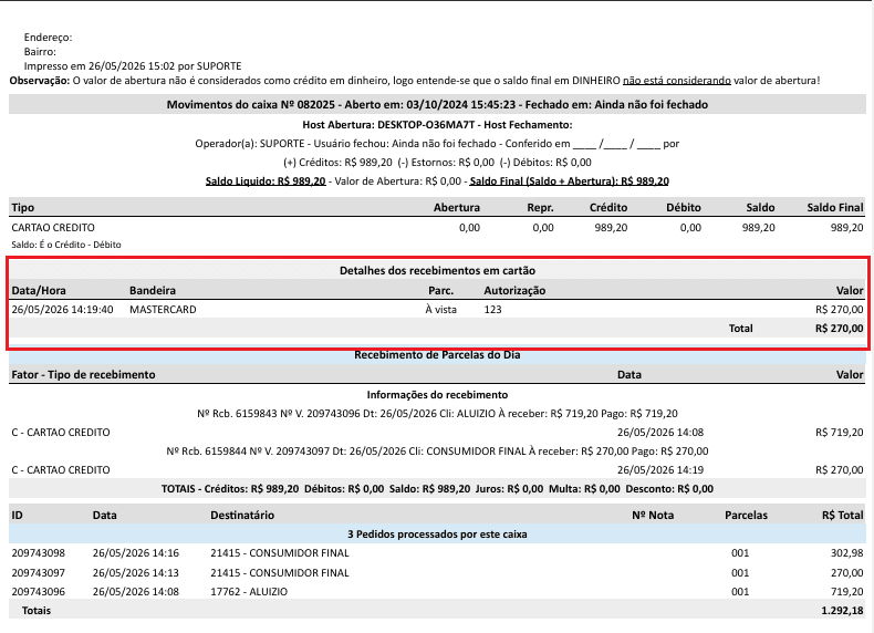 Detalhes dos recebimentos em cartão no Movimento de Caixa Detalhado