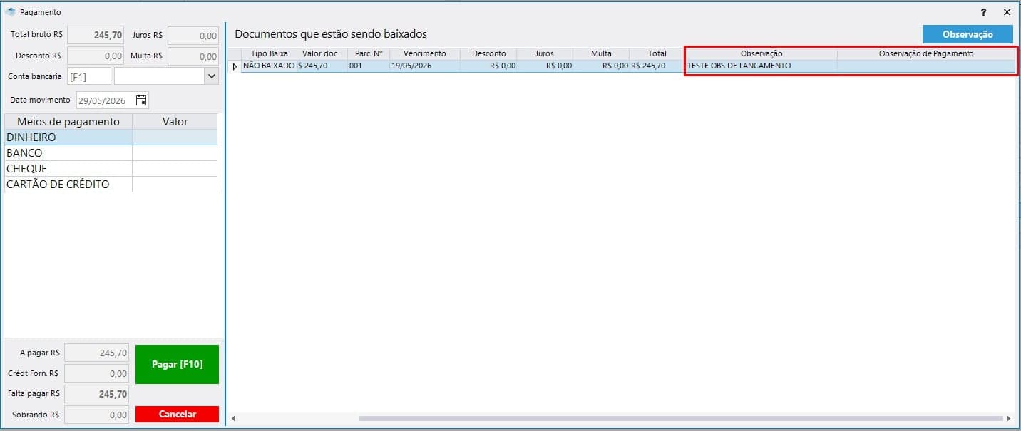 Tela de baixa de Contas a Pagar com as novas colunas 'Observação' (do lançamento) e 'Observação de Pagamento'.