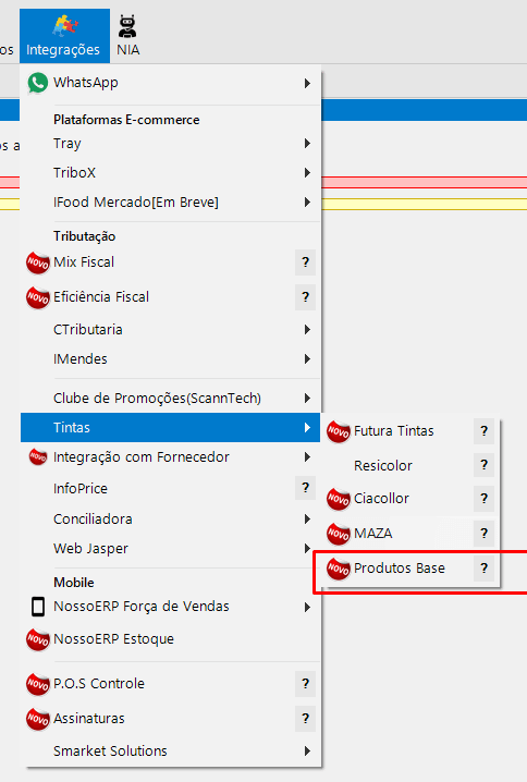 Nova tela: Integração Tintas — Produtos Base