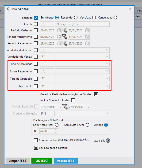 Novos filtros no Contas a Receber: Atividade, Forma de Pagamento, Operação e Tipo de OS