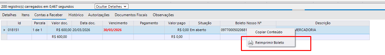 Reimprimir boleto direto na Consulta de Operação de Saída