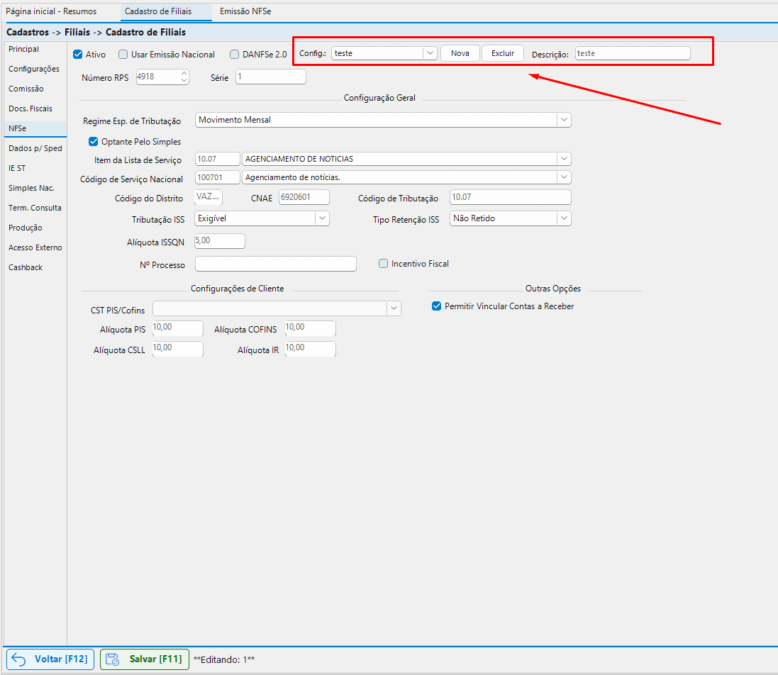 Multiplas configuracoes de NFS-e por filial (Config: Nova/Excluir) no Cadastro de Filiais