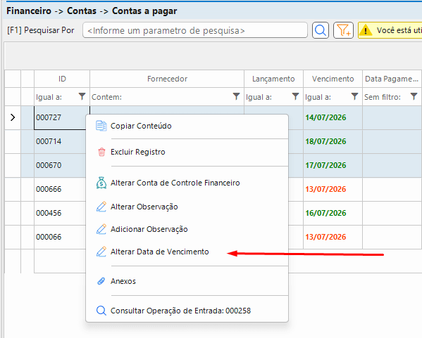 Alterar em massa a data de vencimento de contas a pagar