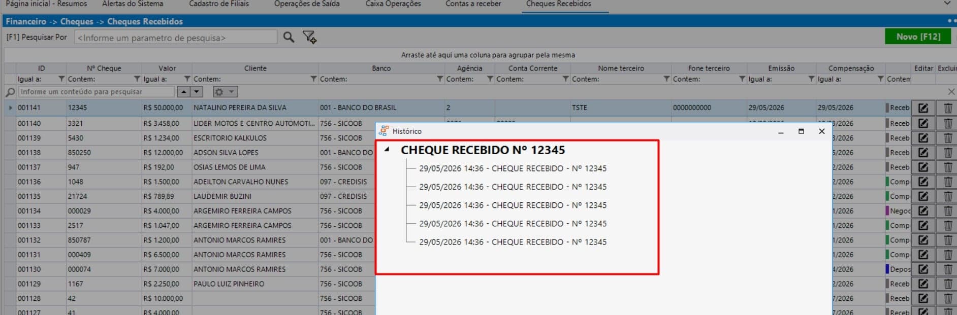 Historico completo do cheque recebido, na tela de Cheques Recebidos