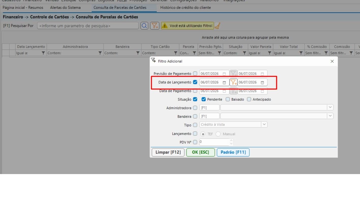 Consulta de Parcelas de Cartoes com filtro por Data de Lancamento