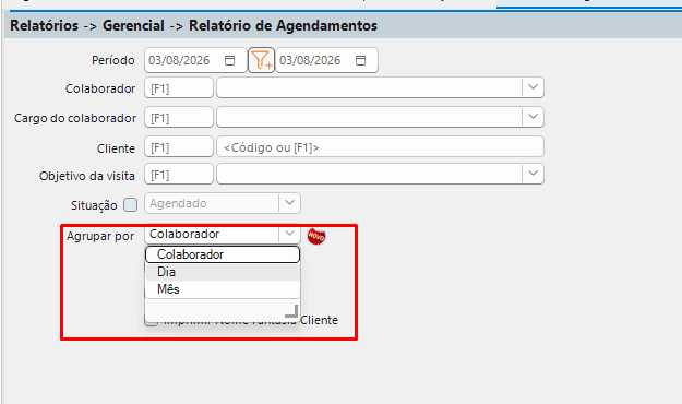 Filtro "Agrupar por" (Colaborador, Dia ou Mes) no Relatorio de Agendamentos