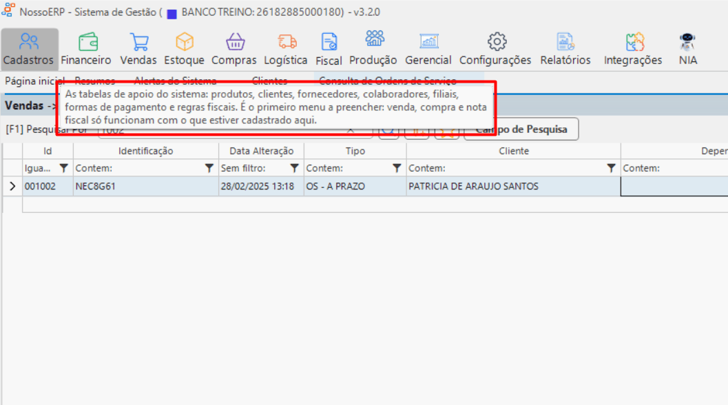 Ajuda explicativa dentro da tela, em todos os módulos