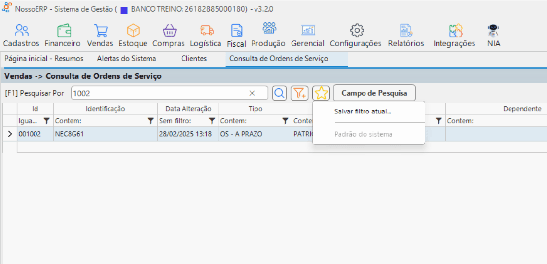 Filtros salvos por tela, com filtro padrão