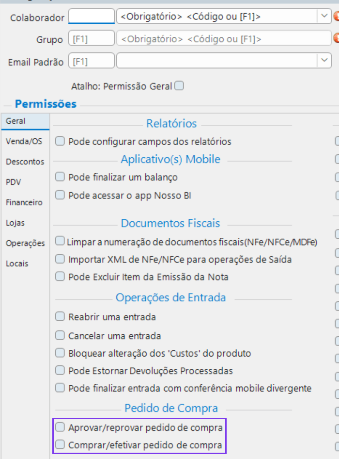 Permissoes de aprovar e de efetivar pedido de compra