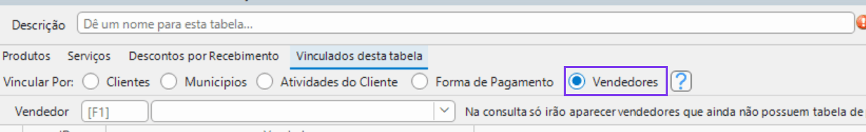 Tabela de precos vinculada por Vendedores
