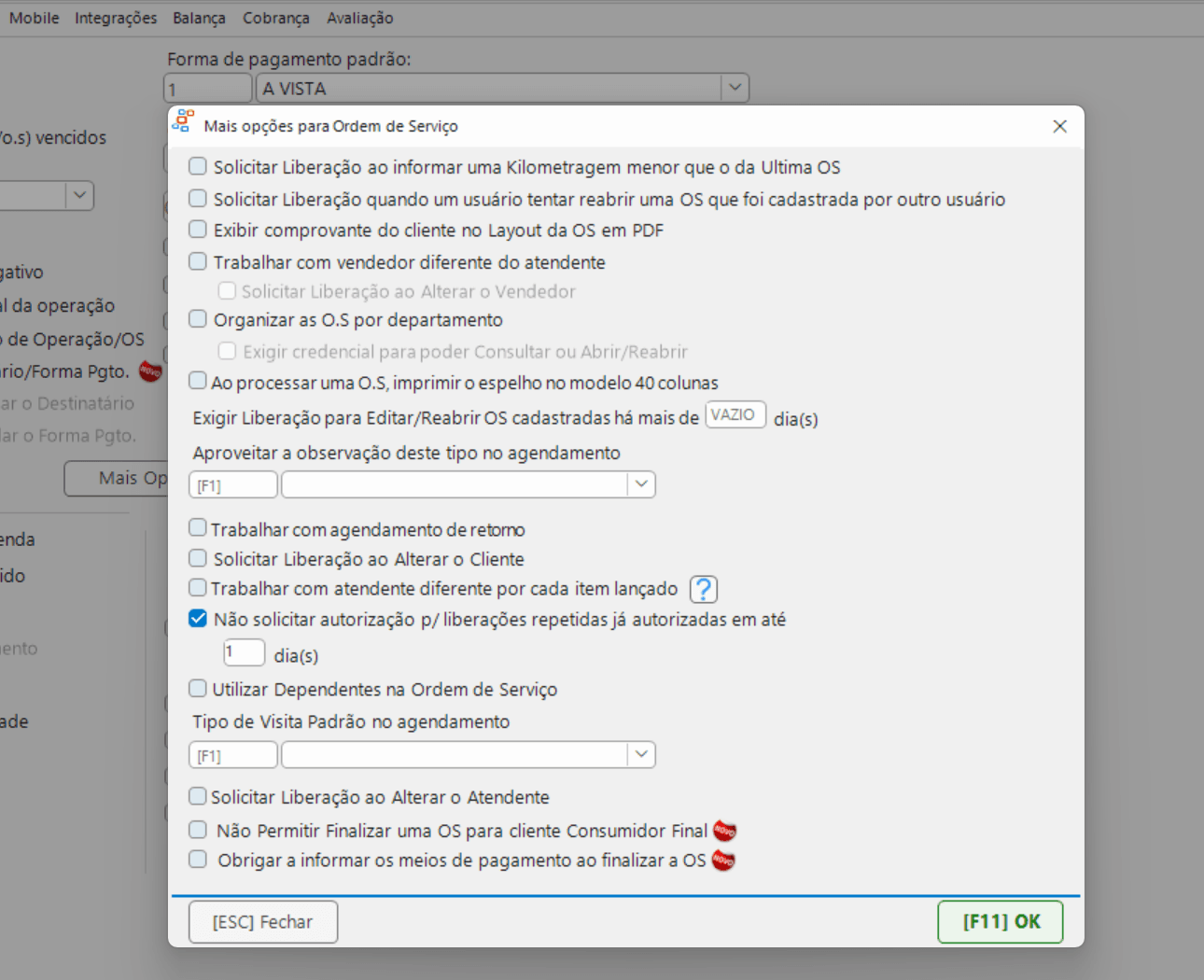 Obrigar a informar os meios de pagamento ao finalizar a O.S.