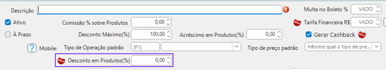 Desconto em Produtos(%) concedido pela forma de pagamento