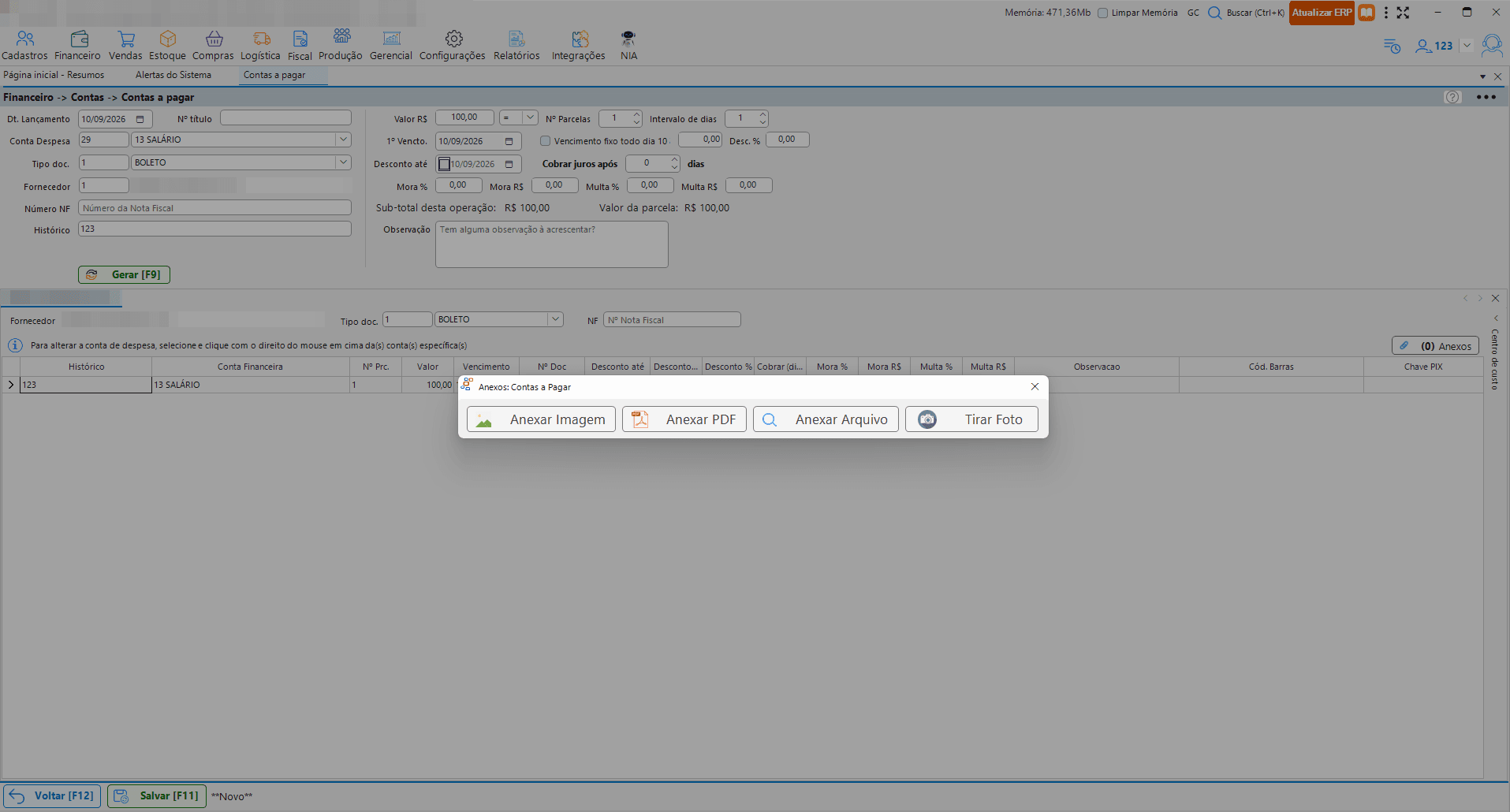 Anexar imagem, PDF, arquivo ou tirar foto no Contas a Pagar