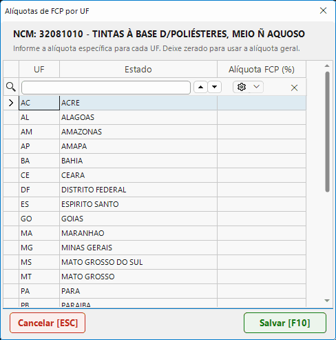 Alíquota de FCP específica para cada estado