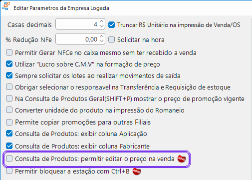 Empresa › Configurações › Opções: permitir editar o preço na Consulta de Produtos