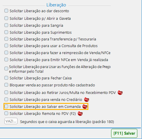 Empresa › Configurações › PDV: solicitar liberação ao salvar em comanda