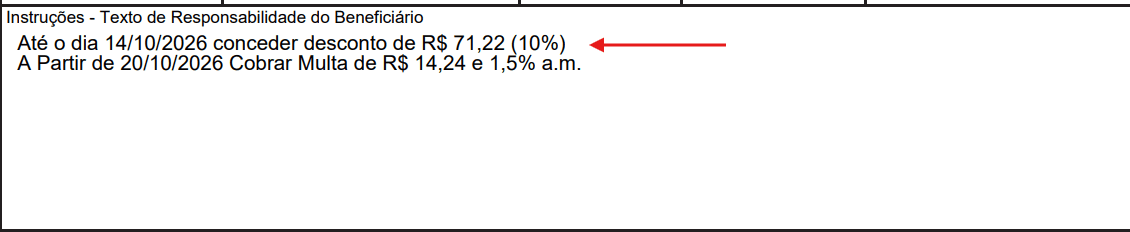 Instrução do boleto com o percentual de desconto