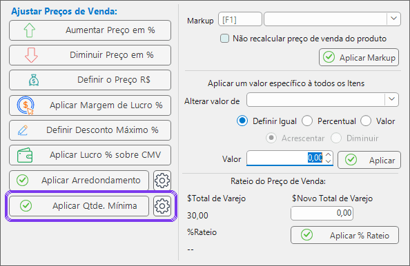 Gerenciamento de Preços: Aplicar Qtde. Mínima, com a engrenagem de configuração
