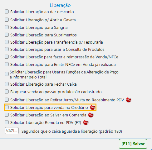 Empresa › Configurações › PDV: solicitar liberação para venda no crediário