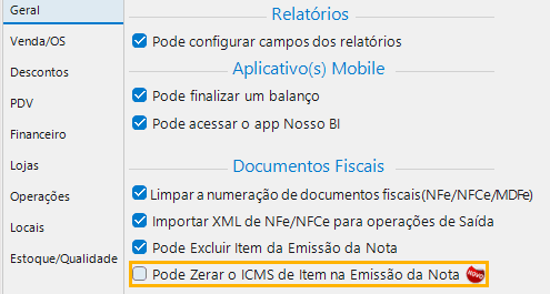 Permissão do usuário para zerar o ICMS do item na emissão da nota
