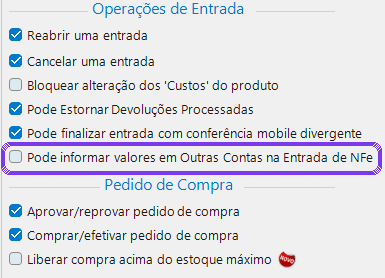 Permissão para informar valores em Outras Contas na Entrada de NF-e