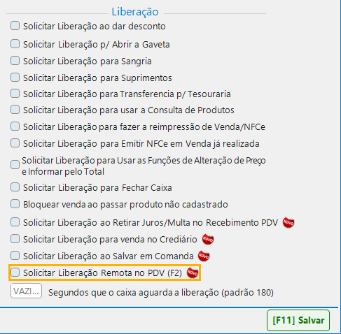 Empresa › Configurações › PDV: liberação remota (F2) e tempo de espera do caixa