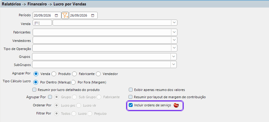 Lucros por Vendas: opção Incluir ordens de serviço