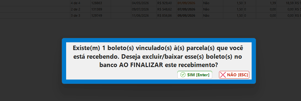 Ao receber, o sistema pergunta se deve excluir/baixar no banco o boleto vinculado