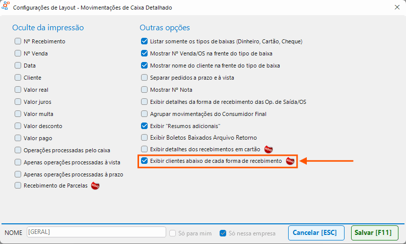 Movimentos de caixa detalhado: nova opção 'Exibir clientes abaixo de cada forma de recebimento'