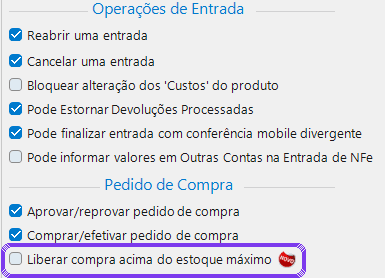 Permissão para liberar compra acima do estoque máximo