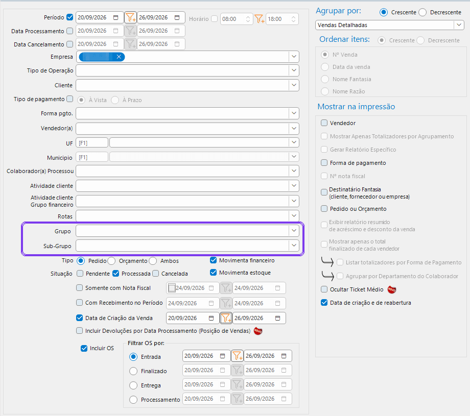 Vendas Geral: novos filtros de Grupo e Sub-Grupo