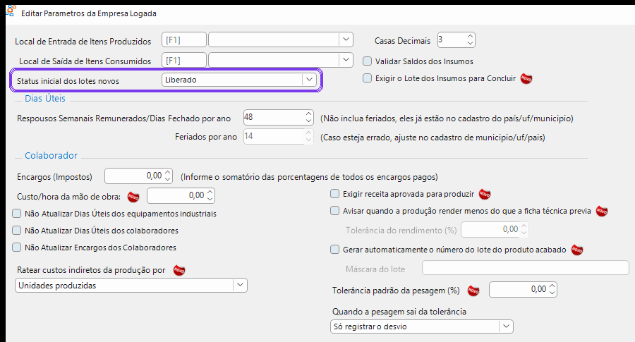 Empresa › Indústria: status inicial dos lotes novos