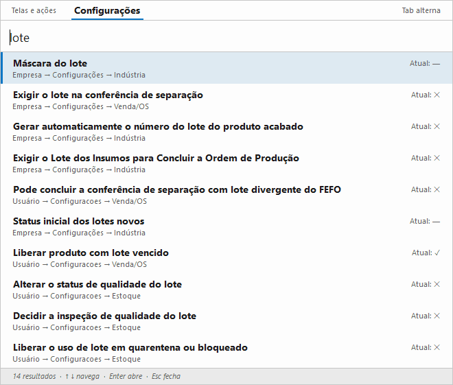 Configurações de lote e qualidade, pela busca Ctrl+K