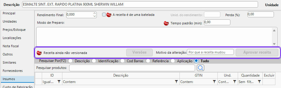 Produto › Insumos: versões e aprovação da receita
