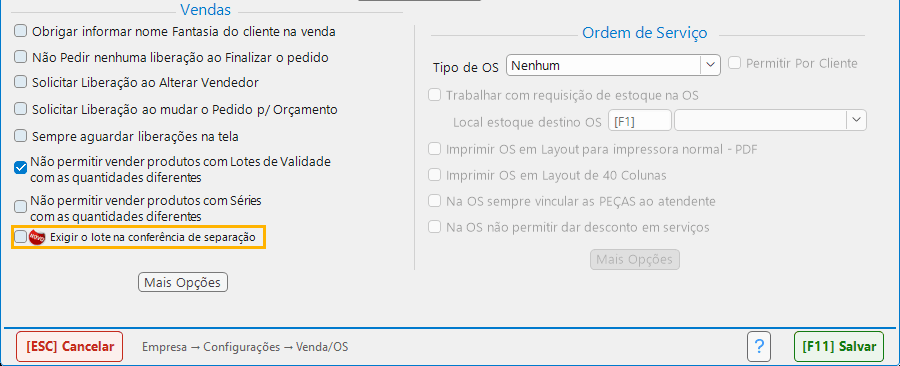 Empresa › Venda/OS: exigir o lote na conferência de separação