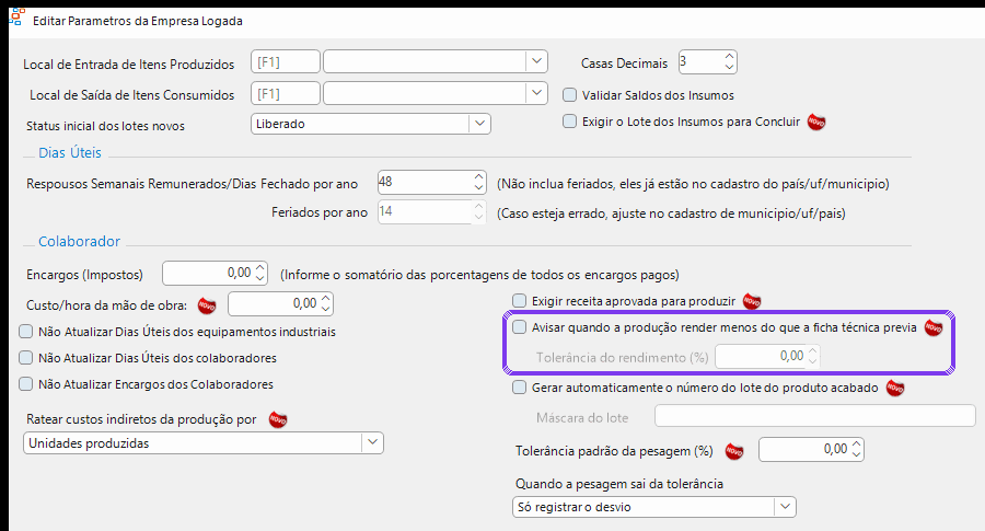 Empresa › Indústria: avisar quando a produção render menos que a ficha técnica