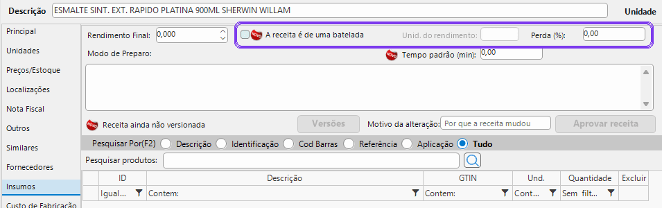 Produto › Insumos: receita por batelada, unidade do rendimento e perda