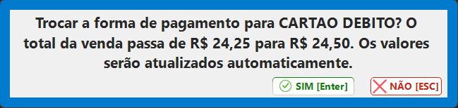 Troca da forma de pagamento direto pelo comparativo, já com o novo total