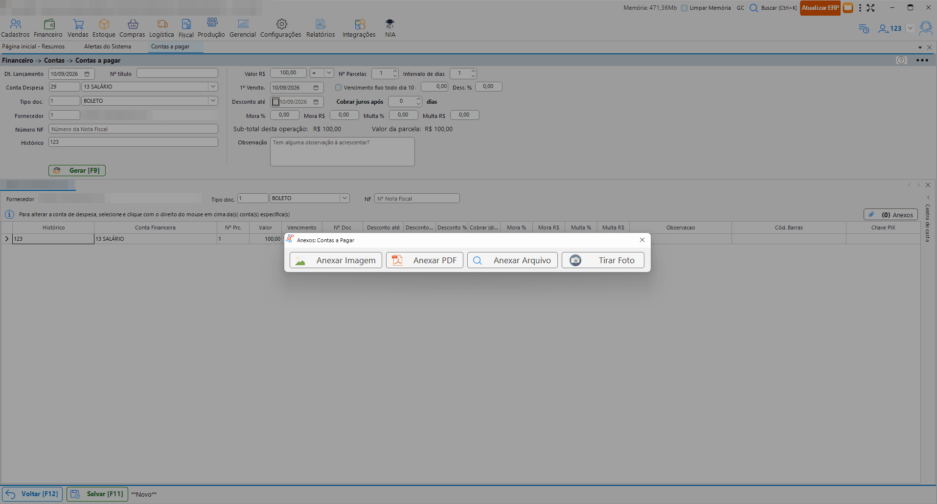 Anexar imagem, PDF, arquivo ou tirar foto no Contas a Pagar